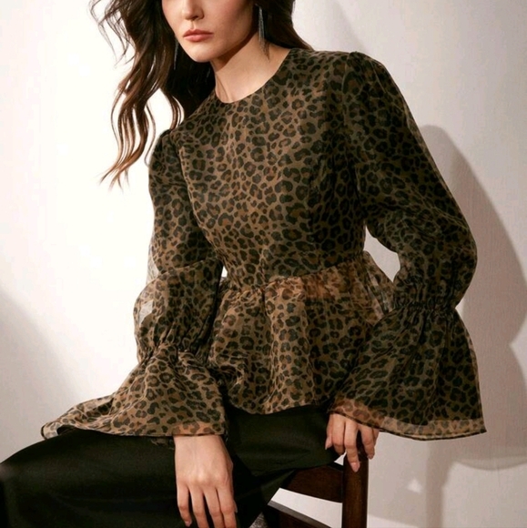 Women's Round Neck Cinched Waist Sexy Leopard Print Chiffon Blouse - Picture 2 of 4